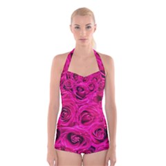 Pink-flowers-roses-background Boyleg Halter Swimsuit  by Sapixe