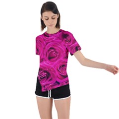 Pink-flowers-roses-background Asymmetrical Short Sleeve Sports Tee by Sapixe