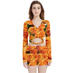 Roses-flowers-orange-roses Velvet Wrap Crop Top And Shorts Set by Sapixe