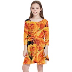 Roses-flowers-orange-roses Kids  Quarter Sleeve Skater Dress