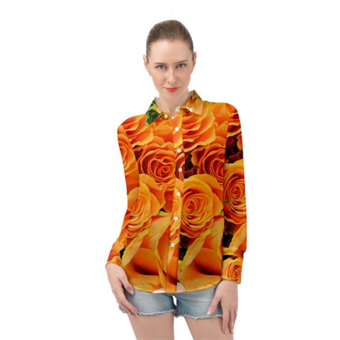 Roses-flowers-orange-roses Long Sleeve Chiffon Shirt by Sapixe