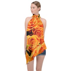 Roses-flowers-orange-roses Halter Asymmetric Satin Top by Sapixe