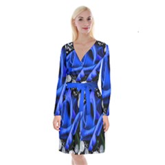 Blue-rose-rose-rose-bloom-blossom Long Sleeve Velvet Front Wrap Dress by Sapixe