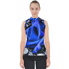 Blue-rose-rose-rose-bloom-blossom Mock Neck Shell Top by Sapixe