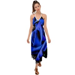 Blue-rose-rose-rose-bloom-blossom Halter Tie Back Dress 