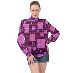 Squares-purple-stripes-texture High Neck Long Sleeve Chiffon Top by Sapixe