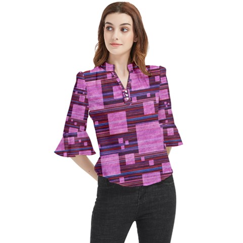 Squares-purple-stripes-texture Loose Horn Sleeve Chiffon Blouse by Sapixe