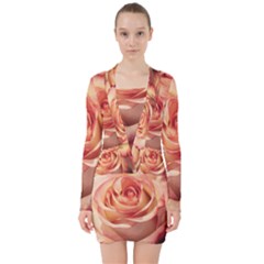 Roses-flowers-rose-bloom-petals V-neck Bodycon Long Sleeve Dress by Sapixe