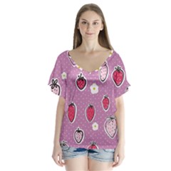 Juicy Strawberries V-neck Flutter Sleeve Top by SychEva