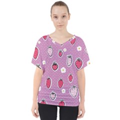 Juicy Strawberries V-neck Dolman Drape Top by SychEva