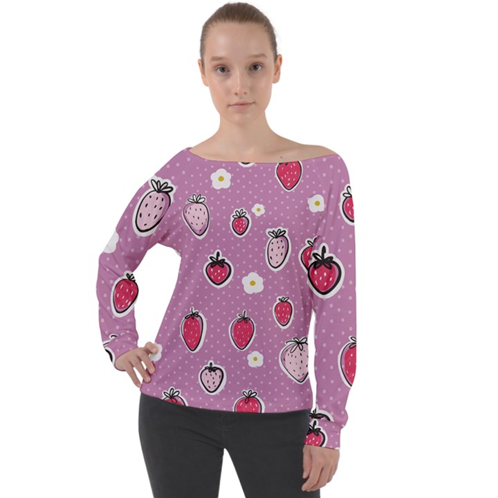 Juicy Strawberries Off Shoulder Long Sleeve Velour Top