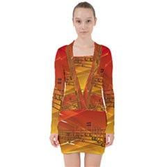 Music-notes-melody-note-sound V-neck Bodycon Long Sleeve Dress by Sapixe