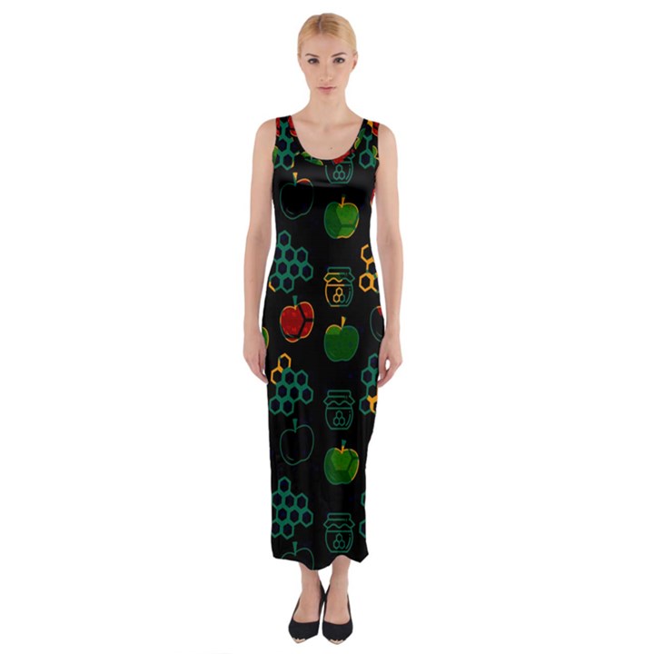 Apples Honey Honeycombs Pattern Fitted Maxi Dress