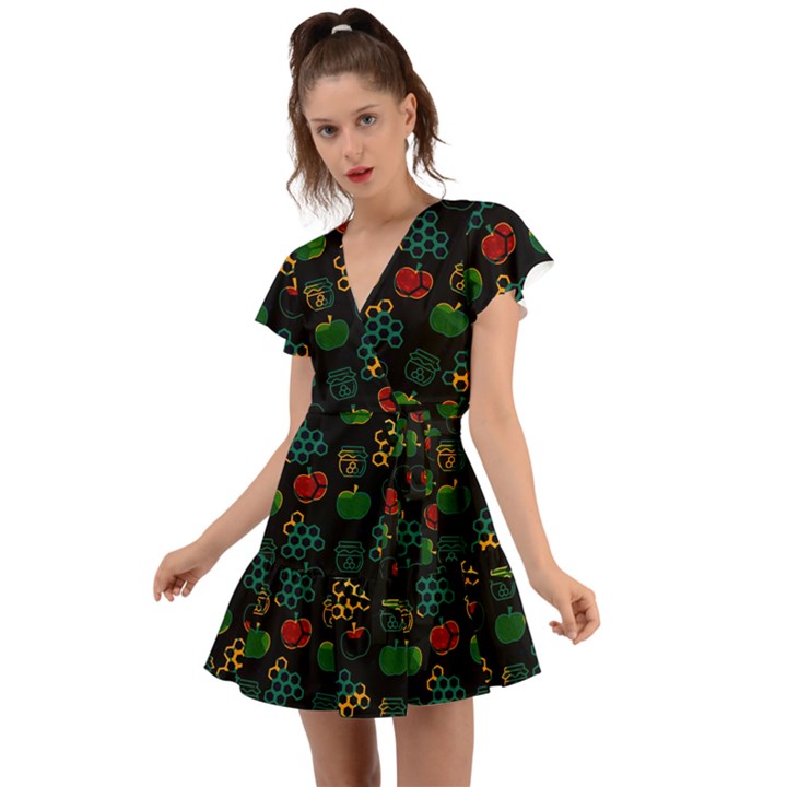 Apples Honey Honeycombs Pattern Flutter Sleeve Wrap Dress