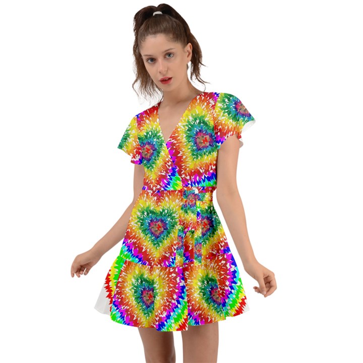 Tie Dye Heart Colorful Prismatic Flutter Sleeve Wrap Dress