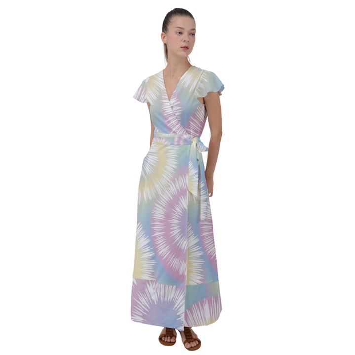 Tie Dye Pattern Colorful Design Flutter Sleeve Maxi Dress