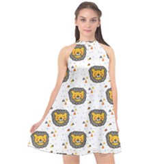 Lion Heads Pattern Design Doodle Halter Neckline Chiffon Dress 