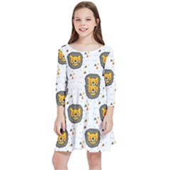 Lion Heads Pattern Design Doodle Kids  Quarter Sleeve Skater Dress