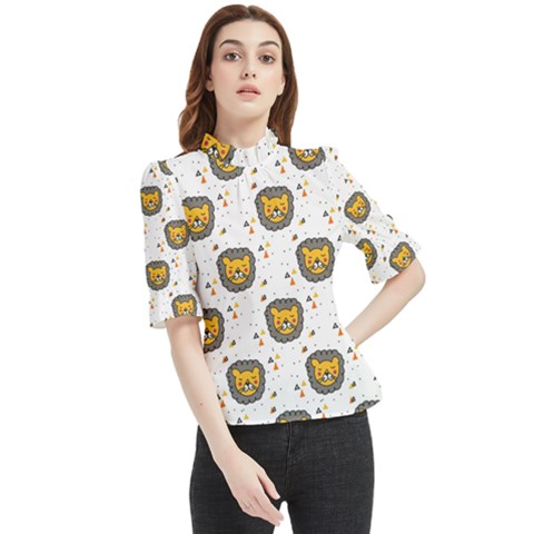 Lion Heads Pattern Design Doodle Frill Neck Blouse by Sapixe