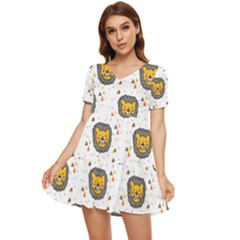 Lion Heads Pattern Design Doodle Tiered Short Sleeve Mini Dress