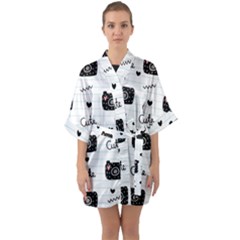 Cute Cameras Doodles Hand Drawn Half Sleeve Satin Kimono  by Sapixe