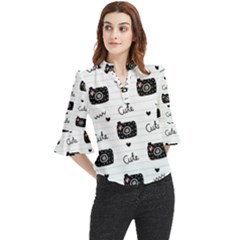 Cute Cameras Doodles Hand Drawn Loose Horn Sleeve Chiffon Blouse