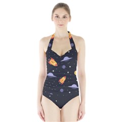 Cosmos Rockets Spaceships Ufos Halter Swimsuit by Sapixe