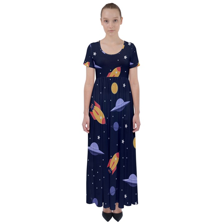 Cosmos Rockets Spaceships Ufos High Waist Short Sleeve Maxi Dress