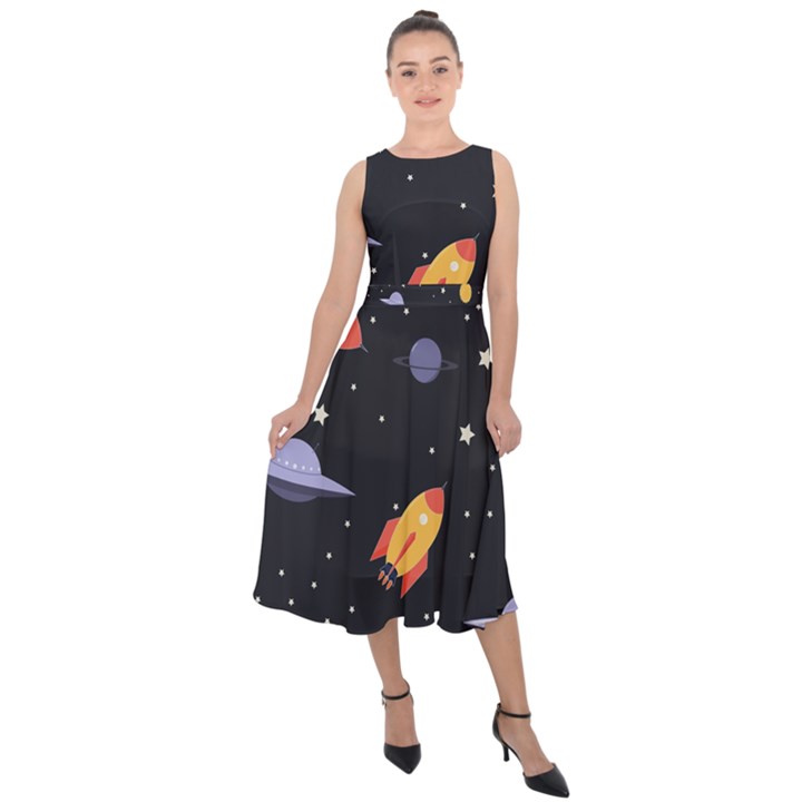 Cosmos Rockets Spaceships Ufos Midi Tie-Back Chiffon Dress