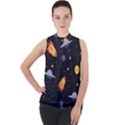 Cosmos Rockets Spaceships Ufos Mock Neck Chiffon Sleeveless Top View1