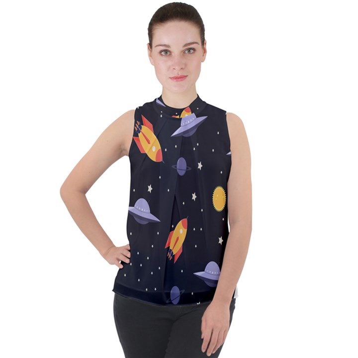 Cosmos Rockets Spaceships Ufos Mock Neck Chiffon Sleeveless Top