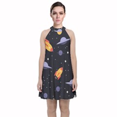 Cosmos Rockets Spaceships Ufos Velvet Halter Neckline Dress 