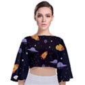 Cosmos Rockets Spaceships Ufos Tie Back Butterfly Sleeve Chiffon Top View1