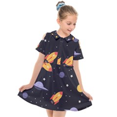 Cosmos Rockets Spaceships Ufos Kids  Short Sleeve Shirt Dress by Sapixe