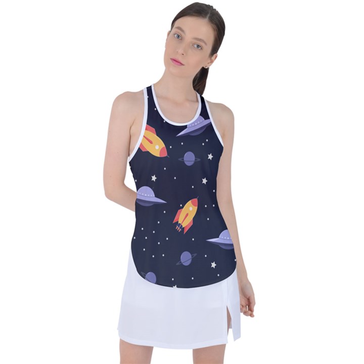 Cosmos Rockets Spaceships Ufos Racer Back Mesh Tank Top