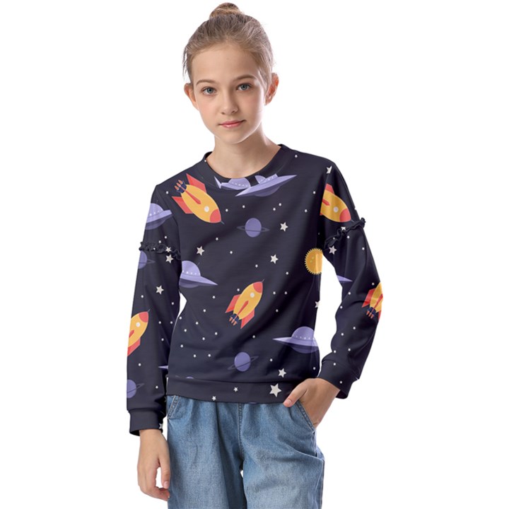 Cosmos Rockets Spaceships Ufos Kids  Long Sleeve Tee with Frill 