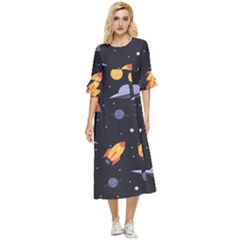 Cosmos Rockets Spaceships Ufos Double Cuff Midi Dress