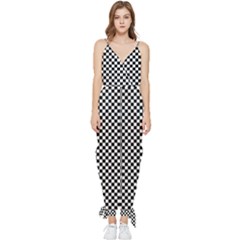 Black And White Checkerboard Background Board Checker Sleeveless Tie Ankle Jumpsuit by Sapixe