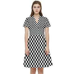 Black And White Checkerboard Background Board Checker Short Sleeve Waist Detail Dress by Sapixe