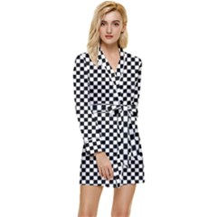 Black And White Checkerboard Background Board Checker Long Sleeve Satin Robe by Sapixe