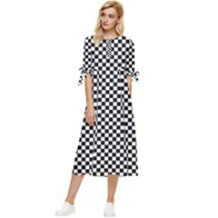 Black And White Checkerboard Background Board Checker Bow Sleeve Chiffon Midi Dress