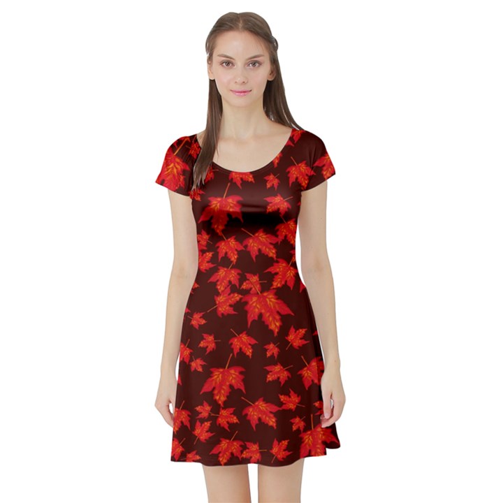 Red Oak And Maple Leaves Short Sleeve Skater Dress