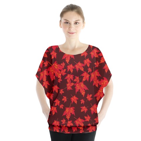 Red Oak And Maple Leaves Batwing Chiffon Blouse by Daria3107