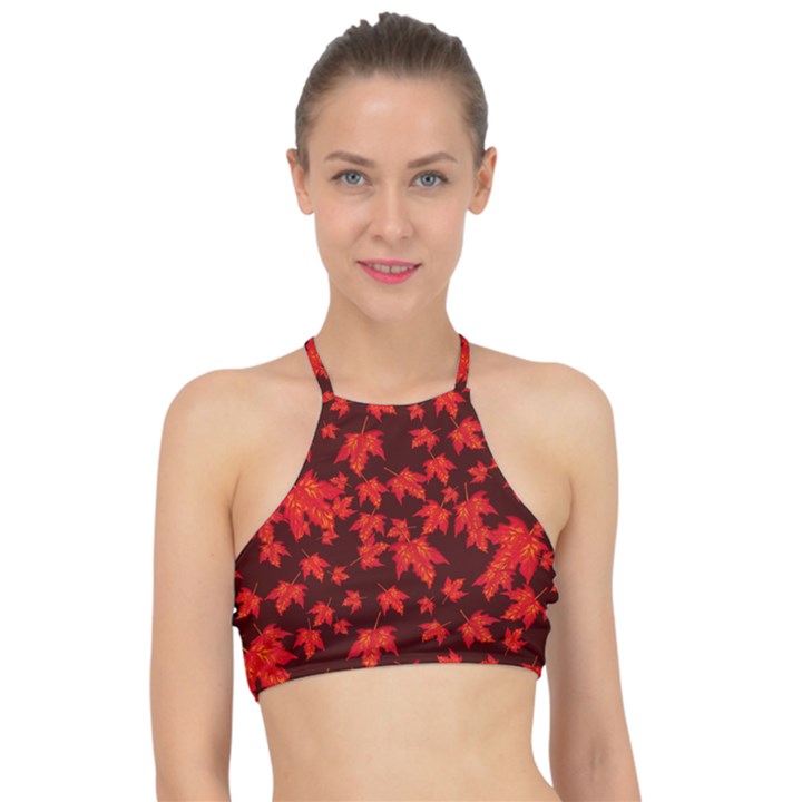 Red Oak And Maple Leaves Racer Front Bikini Top