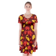 Autumn Pattern,oak And Maple On Burgundy Short Sleeve V-neck Flare Dress by Daria3107