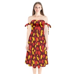 Autumn Pattern,oak And Maple On Burgundy Shoulder Tie Bardot Midi Dress by Daria3107