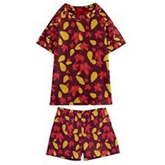 Autumn Pattern,oak And Maple On Burgundy Kids  Swim Tee And Shorts Set by Daria3107