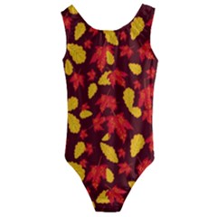 Autumn Pattern,oak And Maple On Burgundy Kids  Cut-out Back One Piece Swimsuit by Daria3107