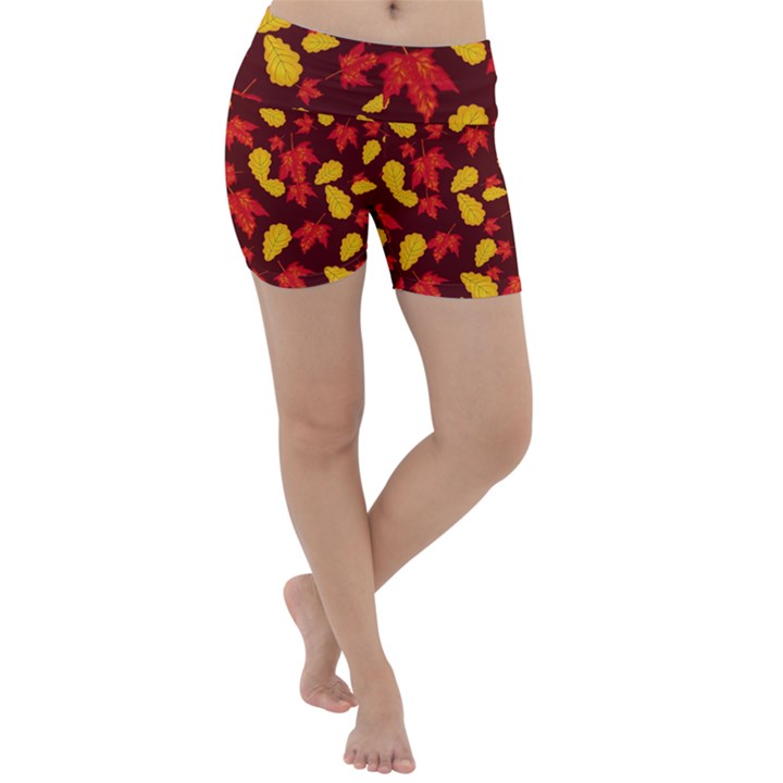 Autumn Pattern,oak And Maple On Burgundy Lightweight Velour Yoga Shorts