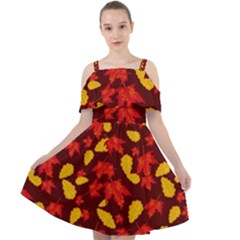 Autumn Pattern,oak And Maple On Burgundy Cut Out Shoulders Chiffon Dress